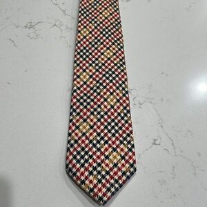 DAKS Stunning Vintage Navy, Red, Gold & Cream  Plaid & Check 100% Silk Tie 57”
